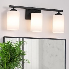huong son 3-Light Bathroom Light Fixtures, Matte Black Vanity Lights with Milk Glass Shade, Bathroom Vanity Light Over Mirror for Kitchen Living Room Hallway Cabinet Porch
