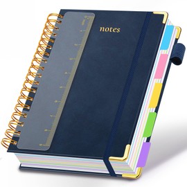 Hardcover Spiral Notebook 8"x10" Journal Notebook with Tabs and Removable Dividers 300 Pages 5 Subject Notebook College Ruled, Faux Leather Spiral Bound Notebook for Women, Students, School Work (Dark Blue)