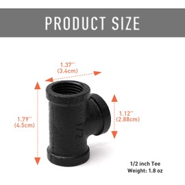 1/2" Black Tee, Home TZH 20 Pack DN15 Threaded Cast Black Malleable Iron Teefor Steampunk Vintage Shelf Bracket DIY Plumbing Pipe Decor Furniture (20, Black 1/2 Inch)