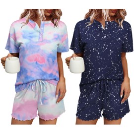 Ekouaer 2 Piece Women's Pyjamas Short Pyjamas Set Short Sleeve Sleepwear Summer Two Piece Pjs Sets Women Sleepwear S-XXL, Tie colour + starry sky Gp4