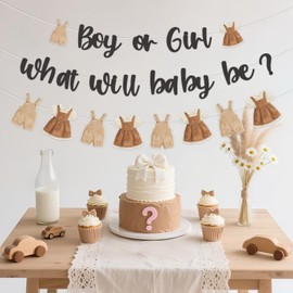 JOYMEMO Boy Or Girl What Will Baby Be Banner with Clothes Banner - Boho Clothes Gender Reveal Decorations Party Supplies for Pregnancy Celebration Newborn Party Baby Shower Indoor Outdoor
