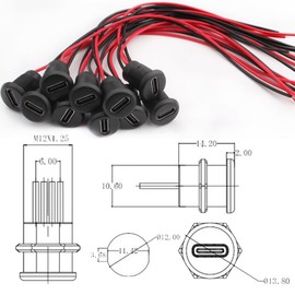 12 pieces waterproof USB-C female 2-wire installation type C socket, USB-C socket for panel mounting, with nut securing plate, dust cap