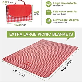 ROSSRORE Waterproof Picnic Mat for Outdoor Camping - Extra Large Durable Ground Blanket, Lightweight Sandproof Beach Mat with Carry Bag, Portable for Hiking, Park, Beach (79"x118", Red)