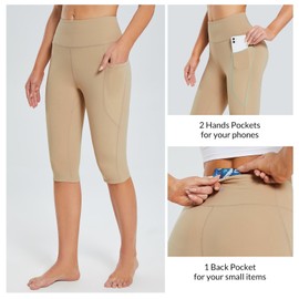 BALEAF Women's Capri Leggings with Pockets Knee Length High Waisted Plus Size Yoga Casual Workout Exercise Capris Khaki L