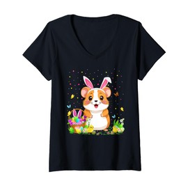 Womens Hamster Easter Egg Hunt Bunny Ear Hamster Happy Easter V-Neck T-Shirt