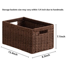 UBBCARE 3 Pack Wicker Basket, 13.4L×8.3H×7.1W inch Woven Paper Rope Storage Baskets for shelves, Foldable Rectangular Storage Baskets with Handle, Storage Basket for Organizing, Dark Brown