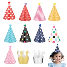 Thinp 11 Pcs Birthday Party Hats,Party Hats Set Includes 9 Adorable Party Cone Hats with Pom Poms and 2 Paper Crowns Colorful Mini Birthday Hats Party Hats for Adults Kids Birthday Party Decor
