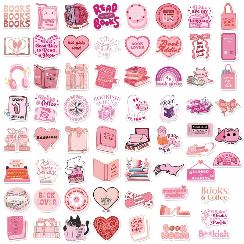 120pcs Bookish Pink Cartoon Stickers, Waterproof Reusable Reading Stickers