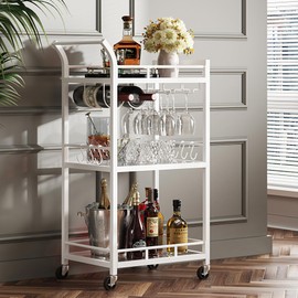 TUTOTAK Bar Cart, Home Bar Serving Cart with 3-Tier Mirrored Shelf, Wine Cart, Drink Cart, Mobile Kitchen Shelf, Rolling Beverage Cart, White BC01BW034