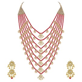 Aheli Multi Layered Red Pearl con Kundan Collar Pendiente Indio Tradicional Ética Joyería de Bollywood