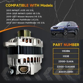 12V 150A Alternator Compatible with 2013 Infiniti JX35, 2014-2016 Infiniti QX60, 2013-2017 Nissan Pathfinder, 2015-2017 Nissan Murano, 7-Groove Pulley, Replace # 23100-3JA1A A003TJ399 23100-3JA1ARE