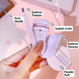 Eyelash Curler Kit, Makeup Sponge & Eyelash Lift Kit, 5PCS Makeup Tool Sets with Tweezers Eyebrow Trimmer, Powder Puff, Sterile Needles, Travel Set of Beauty Tools for Women