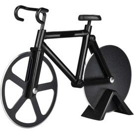 Bicycle Pizza Cutter Wheel,Non-Stick Dual Cutting Wheels Stainless Steel Bike Pizza Slicer with a Stand for Pizza Lovers,Holiday Vacation Housewarming Kitchen Gadget Cool Men's Gift (Black)
