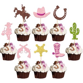 32 piezas de decoración de magdalenas de vaquera, zapatos de caballo con purpurina, pistola de cactus, púas de magdalenas, sombreros de vaquera, botas para decoración de magdalenas con temática occidental, baby shower, niñas, fiesta de cumpleaños, decora