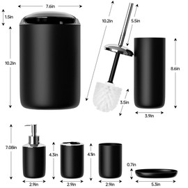 Fun Memories Bathroom Accessories Set 6 Piece Bath Ensemble Includes Toothbrush Holder, Soap Dispenser, Toothbrush Cup, Soap Dish for Decorative Countertop and Housewarming Gift, Black