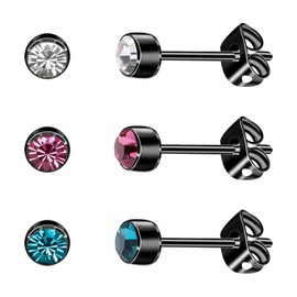 Artskin 3 Pairs/Set Women's Stud Earrings Titanium Girls' Earrings Hypoallergenic Crystal Men's Earrings 4mm Nickel Free Black Plated Earrings Studs Sensitive Ears Birthday Mothers' Day Gift