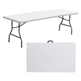 ZenStyle Indoor Outdoor Heavy Duty Plastic Folding Table Portable Picnic Table Fold-in-Half Utility Table w/Handle and Steel Legs for Camping, Dining, Party, White (8ft)