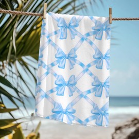 KSDUT Coquette Preppy Pink Bow Beach Towel - Aesthetic Girly Trendy Sky Blue Bowknot Pool Towels Microfiber Absorb Water Travel Towels 60x30 Inches for Bathroom Kitchen Gym Yoga, Gifts for Girls Lady