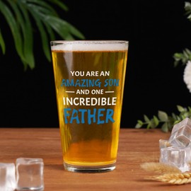 Futtumy Father's Day Gifts for Son, You are Amazing Son and Incredible Father Beer Glass, Funny Christmas Birthday Gifts for Men, 15 OZ Beer Pint Glass