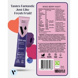 Electrolytes Powder - Hydration Sachets Packed with Vitamins - Zero Sugar Rehydration Sachet with No Artificial Sweeteners by ViDrate - Night Time Mixed Berry Large Pack 30 Electrolytes Sachets