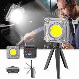JINIU Rechargeable LED Work Light, 2000 Lumens Magnetic Base with 3 Light Modes, COB Flood Lights with Tripod -180° Rotate, Portable Cordless for Car Repairing, Fishing, Workshop