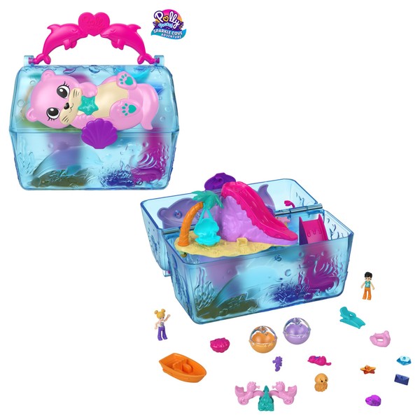 Polly Pocket Sparkle Cove Adventure Playset & 2 Micro Dolls, Island Treasure Chest Carry Case, 4 Animals & Accessories, HPV40