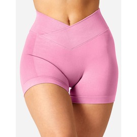 YEOREO - Pantalones cortos de entrenamiento para mujer, 3.5 pulgadas, sin costuras, cintura cruzada en V, pantalones cortos deportivos para gimnasio, amplificados, Rosado, X-Large