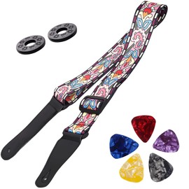 Guitar Strap – Free with 2 Rubber Strap Locks 5 Guitar Picks 1 Lace, Vibrant Pattern for Electric and Acoustic Guitars, Adjustable Length, Gift for Men & Women Guitarists - Flower