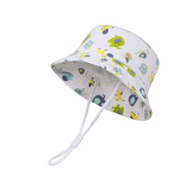 LANGZHEN Sun Protection Hat for Kids Toddler Boys Girls Wide Brim Summer Outdoor hat Cotton Baby Bucket Hat with Chin Strap (White - Animals, M:1T-2T (50cm /19.8"))