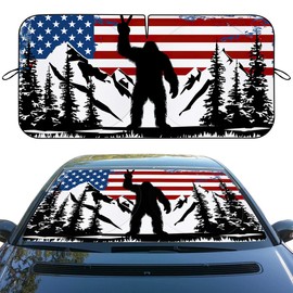 American Flag Bigfoot Car Front Window Sun Shield - Sasquatch Forest Heatshield Windshield Rays Sun Shade Visor Protector for Sedan Truck SUV - 59" L x 31.5" W