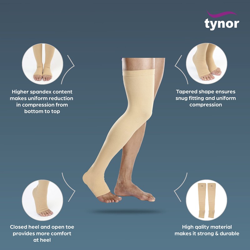 Tynor Compression Stocking Mid Thigh Classic, Beige, Medium, Pack of