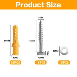 18 Pcs M8x55mm Coach Screws, Hex Head Screws, Wood Self Tapping Lag Screws for Masonry Concrete Brick Wall Fixings, with 18 Pcs Wall Plugs &18 Pcs Washers(M8x16mm), for TV Bracket Shelves Mounting