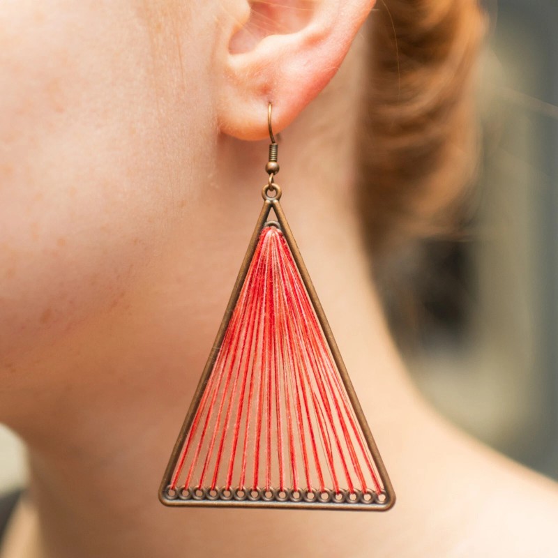 Unbranded Red, Geometric Triangle Woven Cloth Boho/Bohemian Earrings