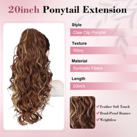 QGZ 20" Wavy Ponytail Extension, Claw Clip Ponytail Hair Extension, Natural Synthetic Hairpiece for Women Daily Use(Light Brown Mixed Blonde)