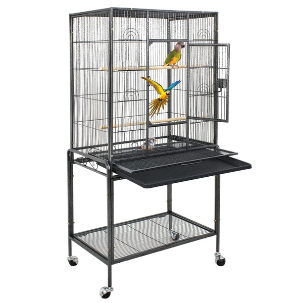 ZENY 53-Inch Bird Flight Cage, Wrought Iron Standing Large with Rolling Stand for Cockatiels Pet Parrot Parakeet Lovebird Canary Finch (Black)