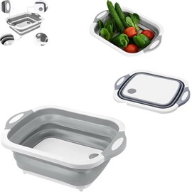 DJRDym Collapsible Cutting Board, Multi-functional Folding Washing Basin Cutting Board, Washing and Draining Veggies Fruits Storage Basket for BBQ Prep/Camping/Picnic (Gray White)