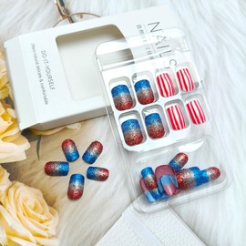 24Pcs 4th of July Press on Nails Short Square Independence Day Fake Nails with Red Blue French Tip Design Red Blue Glitter Glue on False Nail Patriotic Stripes Artificial Stick on Nail for Women