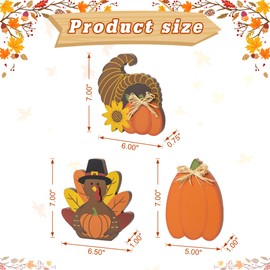 Glitzhome Set of 3 Wooden Pumpkin Turkey & Croissant Table Sign Thanksgiving Decor Farmhouse Thanksgiving Cute Turkey Wood Table Sign for Tiered Tray Decorations Fall Harvest Pumpkin Blocks Decor
