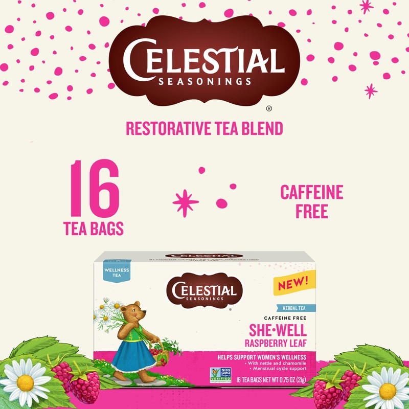 Celestial Seasonings SheWell Raspberry Leaf Wellness Tea, Caffeine Free, 16