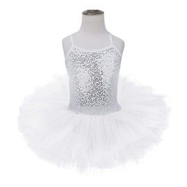 TACKTIMES Kids Girls Sequined Sleeveless Leotard Dress Skirt Ballet Dance Tutu Sweetheart Ballerina Costume (White, 4-5)