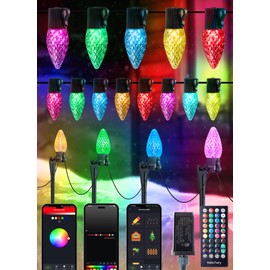 Brightown Smart C9 LED Christmas Lights Outdoor House, 66Ft 100 LED RGB Christmas Pathway Lights with 58 Preset Modes, App or Remote Control, Music Sync, Memory and Timer Function for Indoor/Outside