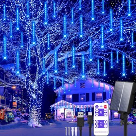 Aofonchy Solar Meteor Shower Lights Outdoor 30Cm 10 Tube 240LEDs Waterproof Falling Raindrop Lights with Remote Cascading Icicle Snow Falling String Lights for Tree Xmas Wedding Party Decor
