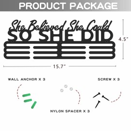 Medal Holder Hanger Rack Display Storage Steel Wall Mounted Fame Black Metal Sports Marathon Running Soccer Gymnastics Large-capacity Medals Sturdy Wall Decor She Believed She Could (15.7")