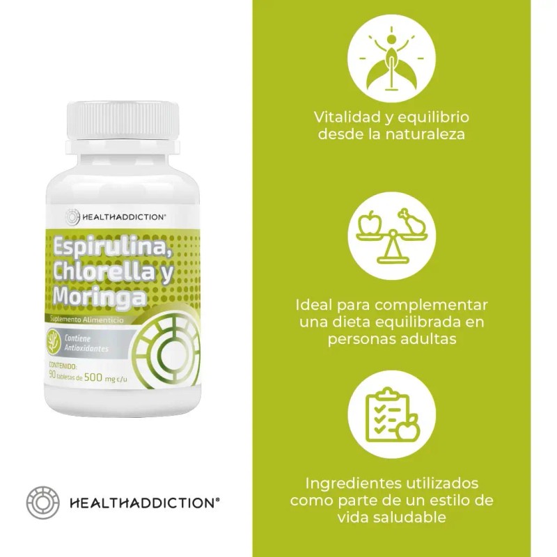 Healthaddiction Complejo Espirulina Moringa Chlorella Suplemento Alimenticio Antioxidantes Naturales Vitaminas