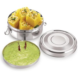 LS Kitchen - Stainless Steel Lunch Box - 2-Piece Lunch Box - Round Snack Box - Silver - Diameter 16 cm - 1.4 L