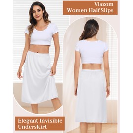 Vlazom Women's Satin Half Slip Lace Slip Skirt Long Half for Under Dress Skirt Extender White Size Small