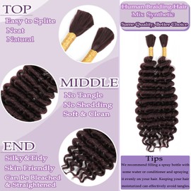 Human Braiding Hair Mix Synthetic Boho Hair for Braiding, 16 Inch Deep Wave Bulk for Boho Braids 2 Pcs Curly Bohemian Wet and Wavy Braiding Hair (99J, 16 Inch)