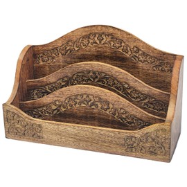 Purity Style Rustic Carved Wooden Letter Rack/Desk Tidy - Three Compartment Mango Solid Wood Free Standing Mail Holder for Home