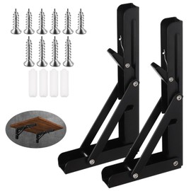 Swpeet 2 Pack 8" Folding Shelf Bracket, Heavy Duty DIY Wall Mounted Shelf Bracket Max Load 100 lb, Stainless Steel Decorative L Bracket Kit Contains 16/19MM Screw, Anchors for Table Work Bench, Black