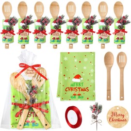 Pinkunn 8 Set Christmas Kitchen Gifts Xmas Dish Towels Wooden Spoons Pine Picks Thank You Tag Ribbon Hand Tea Towels Merry Christmas Cooking Housewarming Gifts for Kitchen Holiday Xmas(Stylish)